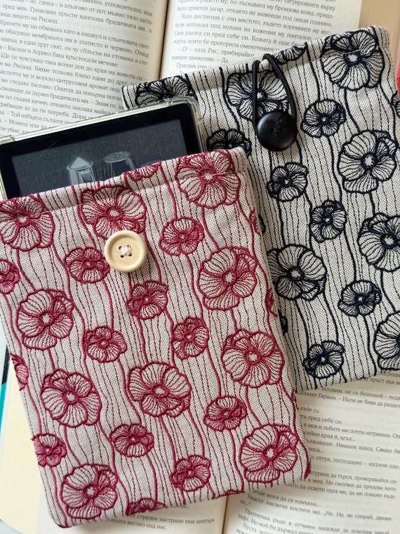 Embroidery Poppy Flowers Kindle Sleeve – Handmade Padded Fabric Cover, Protective Case for E-Readers & Tablets