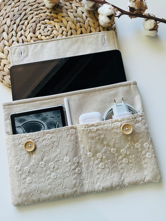 Beige Embroidery IPad Cover, Padded Floral IPad Case with Accessory Pockets, Embroidery Flower Fabric IPad Purse with Double Button Closure