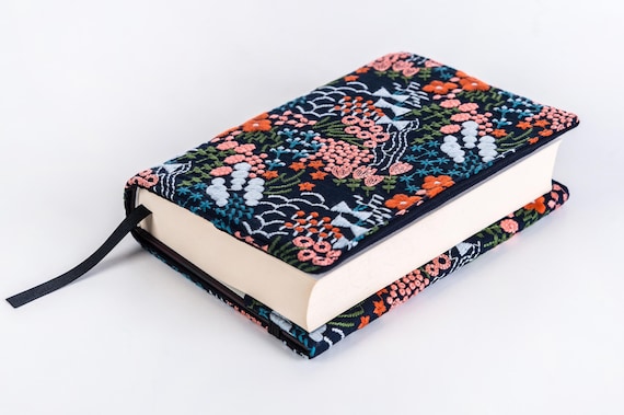 Embroidered Book Cover, Flower Book Pouch, Custom Size Book Jacket, Adjustable Book Protector, Padded Book Cover, Book Lover Gift, Bookworm