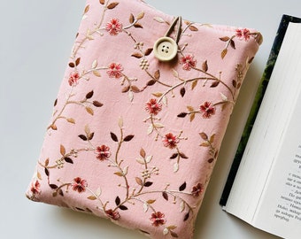 Pink Gold Embroidery Flower Book Sleeve, Padded Book Protector, Book Accessories, Pink Book Pouch, Book Lover Gift, Floral Book Cover