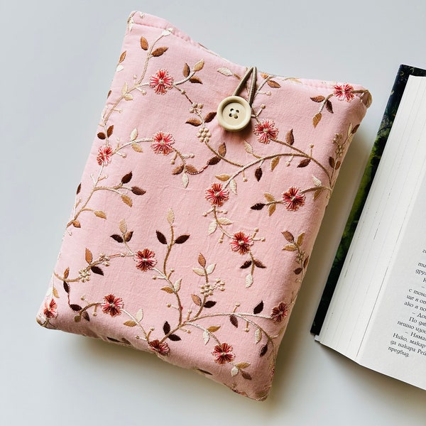Pink Gold Embroidery Flower Book Sleeve, Padded Book Protector, Book Accessories, Pink Book Pouch, Book Lover Gift, Floral Book Cover