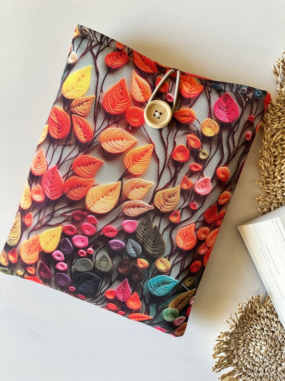 Colorful Leaves Book Sleeve, Padded Book Protector, Book Accessories, Autumn Leaves Book Cover, Book Pouch With Button Closure, Bookish Gift