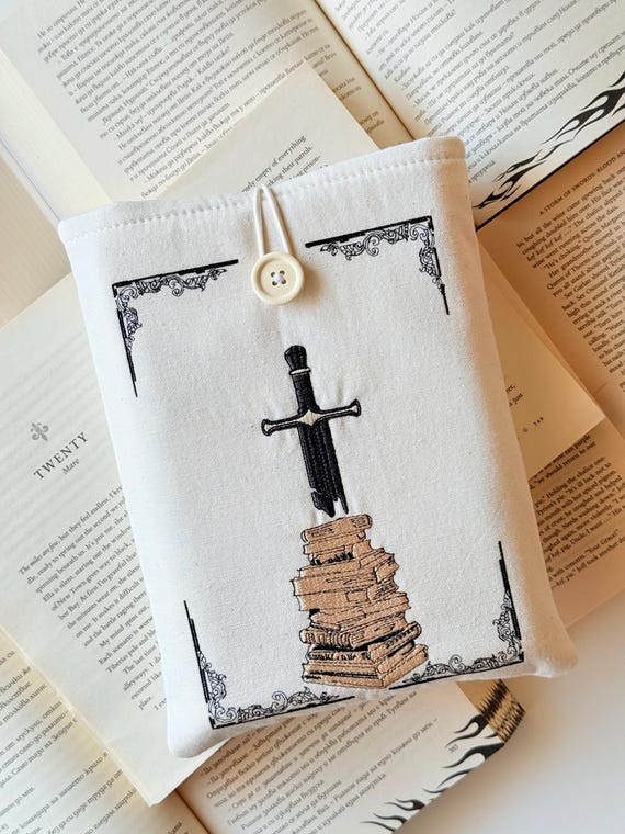 The Sword in the Books Embroidery Book Sleeve, Padded Embroidery Book Protector, Unique Design Book Embroidered Book Cover, Bookish Gift