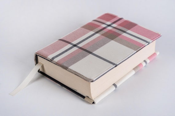 Pink Plaid Book Cover, Plaid Book Pouch, Custom Size Book Jacket, Adjustable Book Protector, Padded Book Cover, Bookish Gift
