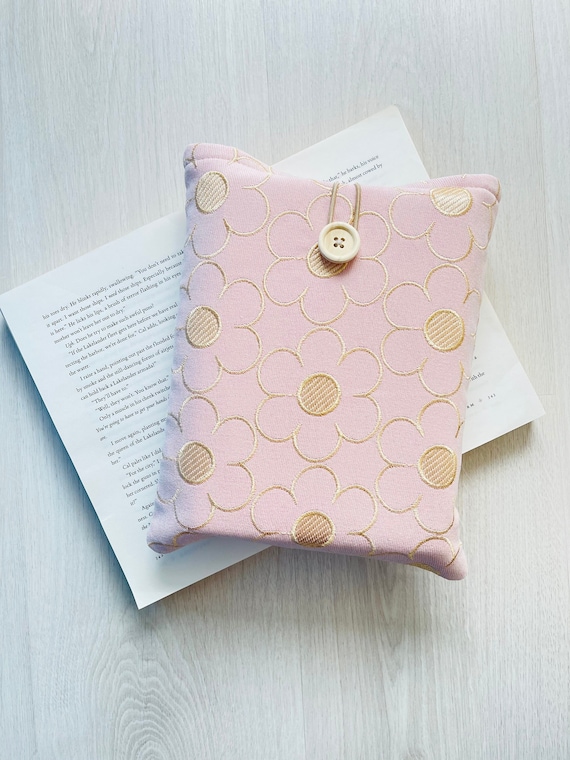 Pink Flower Embroidered Book Sleeve, Embroidery Padded Book Protector, Baby Pink Gold Floral Book Pouch, Gold Floral Book Cover, Book Jacket