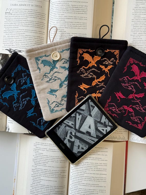 Dragon Wars Embroidery Kindle Sleeve, Embroidery Dragon Cover, Unique Universal Kindle Cover, Padded Kindle Pouch, 4 Colors Dragon Case