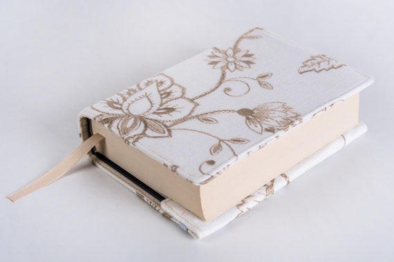 Embroidery Beige Flower Book Cover, Floral Book Pouch, Custom Size Book Jacket, Adjustable Book Protector, Padded Book Cover, Bookish Gift