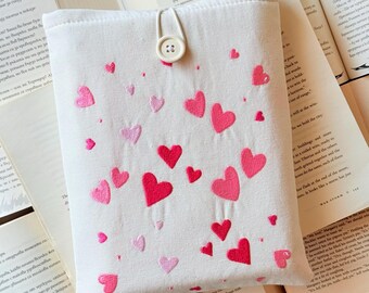 Embroidered Pink Hearts Book Sleeve – Handmade Padded Book Cover