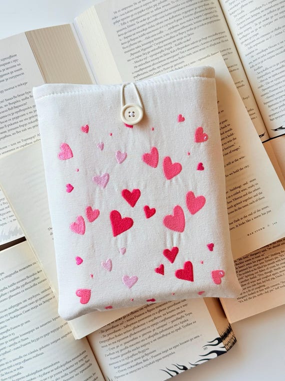 Pink Hearts Embroidery Book Sleeve, Padded Embroidered Book Protector, Unique Design Embroidered Hearts, Love Hearts Book Pouch, Book Lover