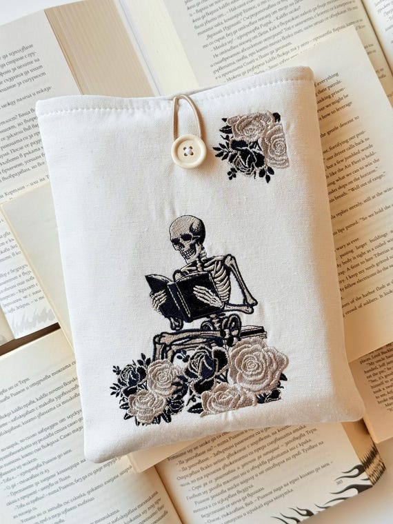 The Reading Skeleton Embroidery Book Sleeve, Padded Embroidered Book Protector, Skeleton with Books Book Cover, Embroidery Book Pouch