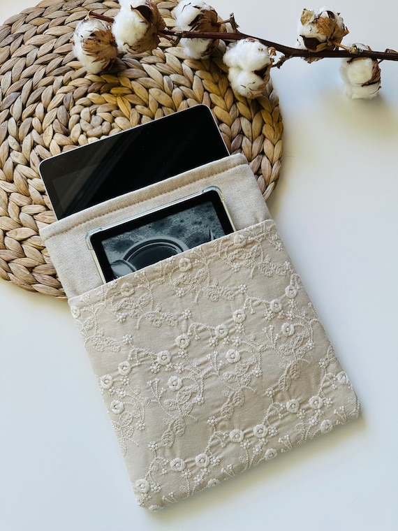 Beige Embroidery Flowers IPad Fabric Cover, Padded IPad Sleeve with Two Pockets for Accessories, Fabric Tablet Protector, IPad Accessories