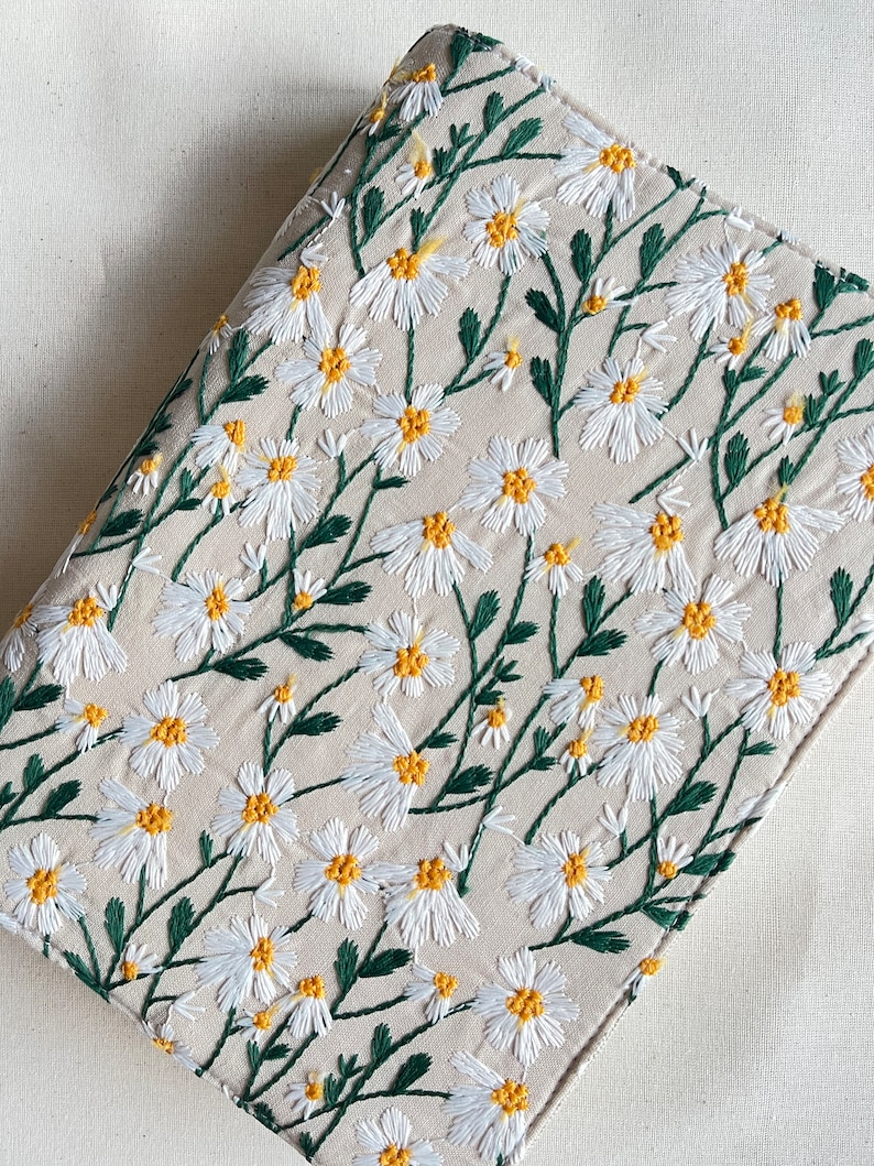 Embroidered Book Cover, Daisies Book Pouch, Custom Size Book Jacket, Adjustable Book Protector, Padded Book Cover, Book Lover Gift image 10