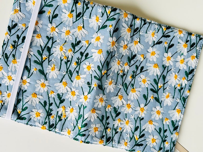 Embroidered Daisies Book Cover, Daisies Book Pouch, Custom Size Book Jacket, Adjustable Book Protector, Padded Book Cover, Book Lover Gift image 7