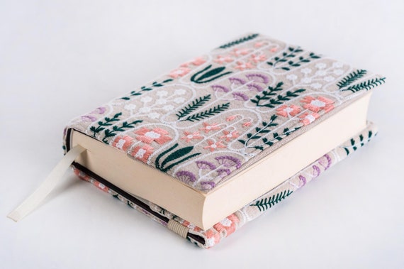 Embroidered Book Cover, Flower Book Pouch, Custom Size Book Jacket, Adjustable Book Protector, Padded Book Cover, Book Lover Gift, Bookworm