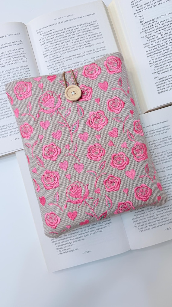 Pink Roses Embroidery Book Sleeve – Handmade Padded Book Cover, Floral Fabric Protector by Lullaby Crafts World