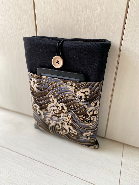 Gold Waves Book Sleeve, Japan Waves Book Pouch, Japanese Book Jacket, Fabric Book Case, Brown Waves Book Cover, Book Lover Gift, Book Bag