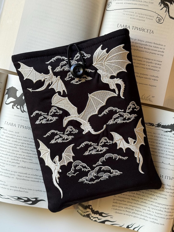 Padded Embroidery Dragons Book Sleeve – Handmade Fabric Cover with Protective Padding, Fantasy Dragon Design