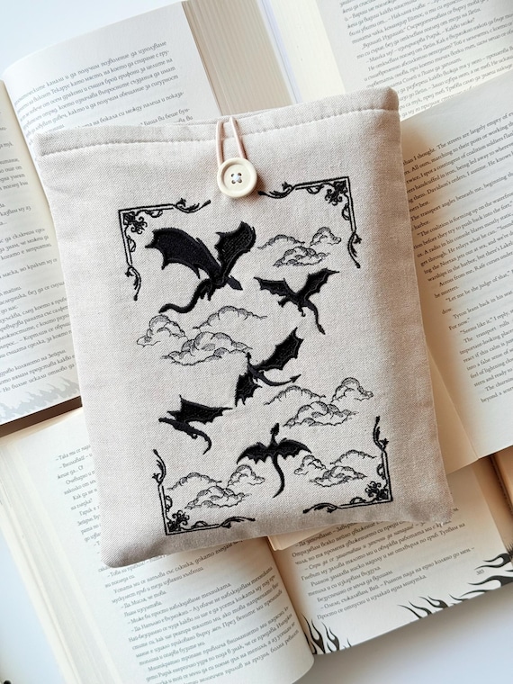 Dragons in the Sky Embroidery Book Sleeve, Dragon Wars Padded Book Protector, Unique Design Embroidery Book Cover, Embroidery Book Pouch