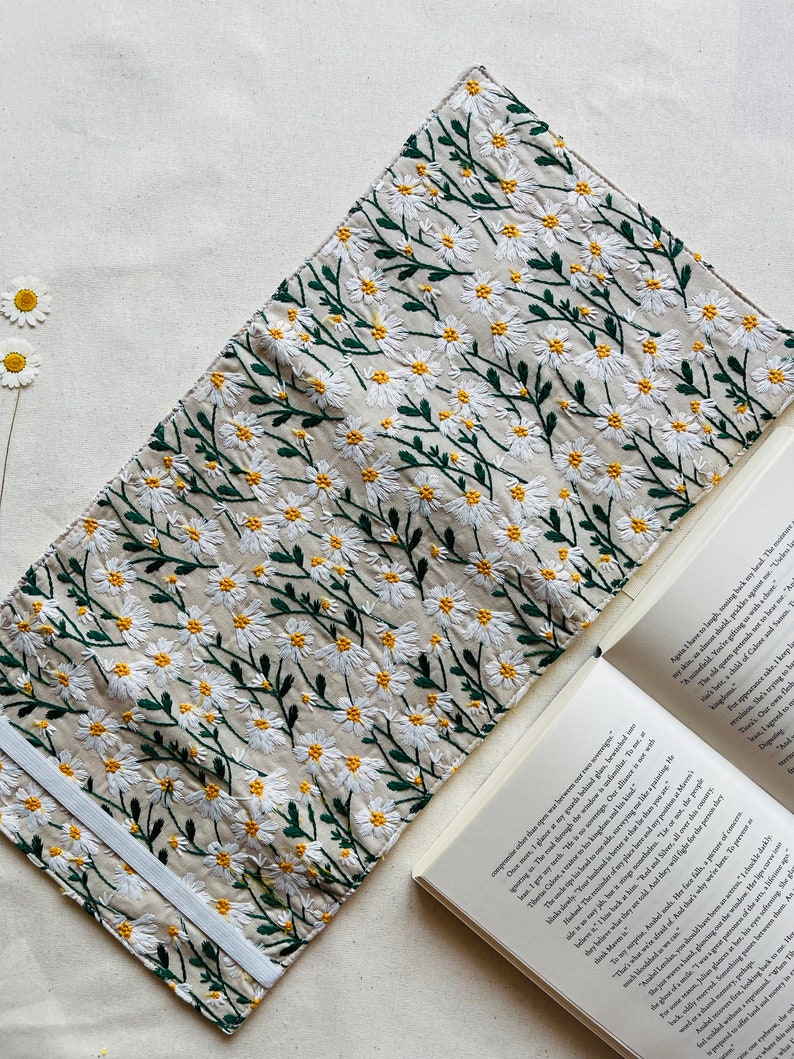 Embroidered Book Cover, Daisies Book Pouch, Custom Size Book Jacket, Adjustable Book Protector, Padded Book Cover, Book Lover Gift image 6