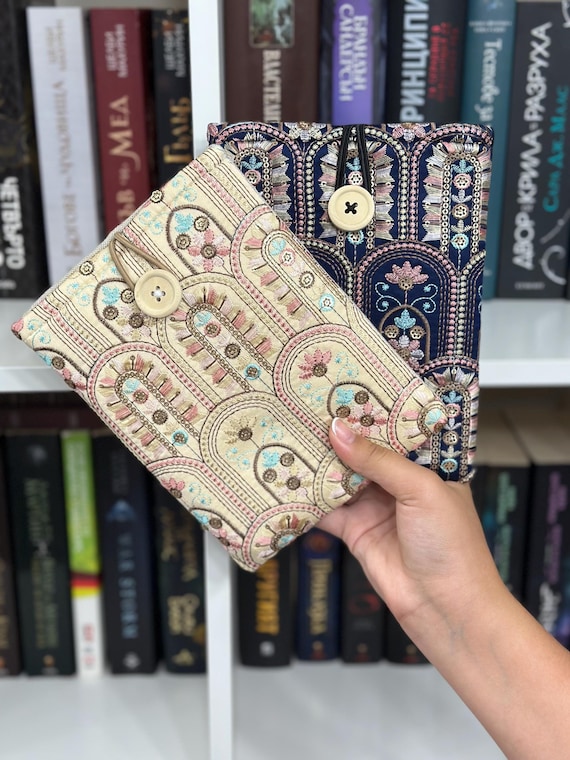 Beige & Boho Blue Abstract Embroidery Kindle Sleeve, Kindle Cover, Padded Kindle Pouch, Book Accessories, Kindle Paperwhite Case