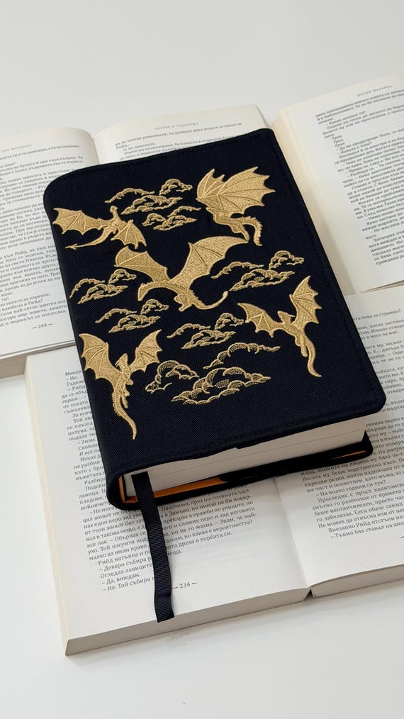 Embroidery Gold Dragons Adjustable Book Cover – Handmade Fabric Protector for Hardcover Books