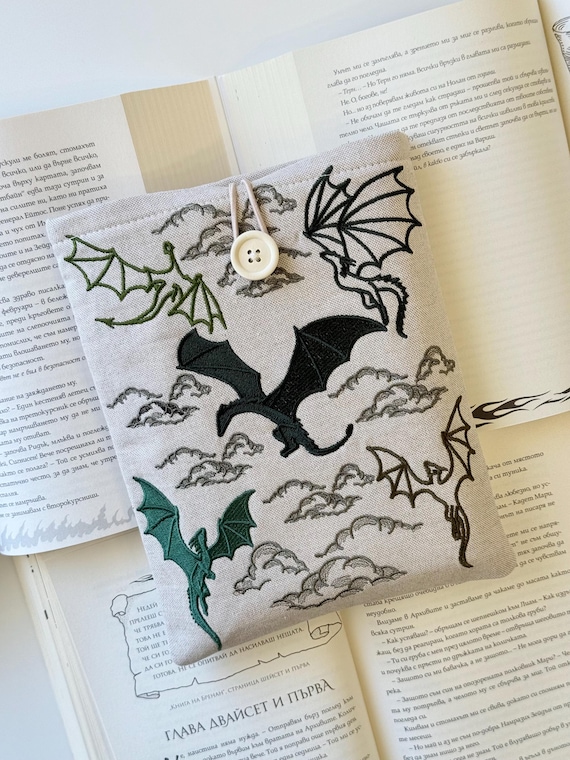 Embroidery Flying Dragons Book Sleeve, Padded Embroidered Book Protector, Dragons War Book Cover, Travel Book Pouch with Button Closure