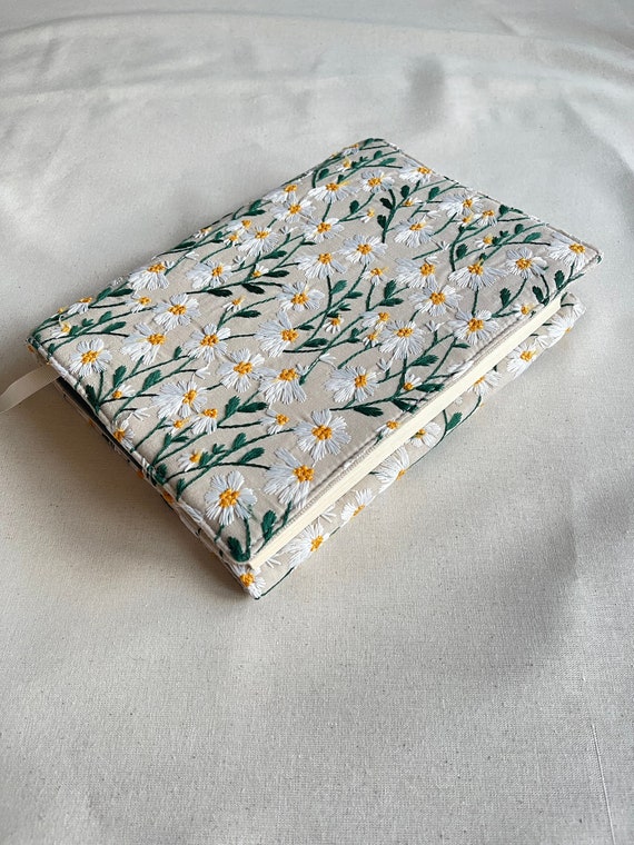 Embroidered Book Cover, Daisies Book Pouch, Custom Size Book Jacket, Adjustable Book Protector, Padded Book Cover, Book Lover Gift