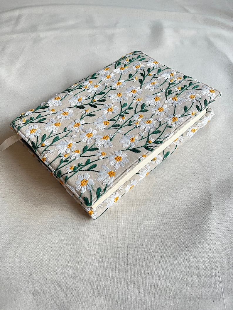 Embroidered Book Cover, Daisies Book Pouch, Custom Size Book Jacket, Adjustable Book Protector, Padded Book Cover, Book Lover Gift image 1