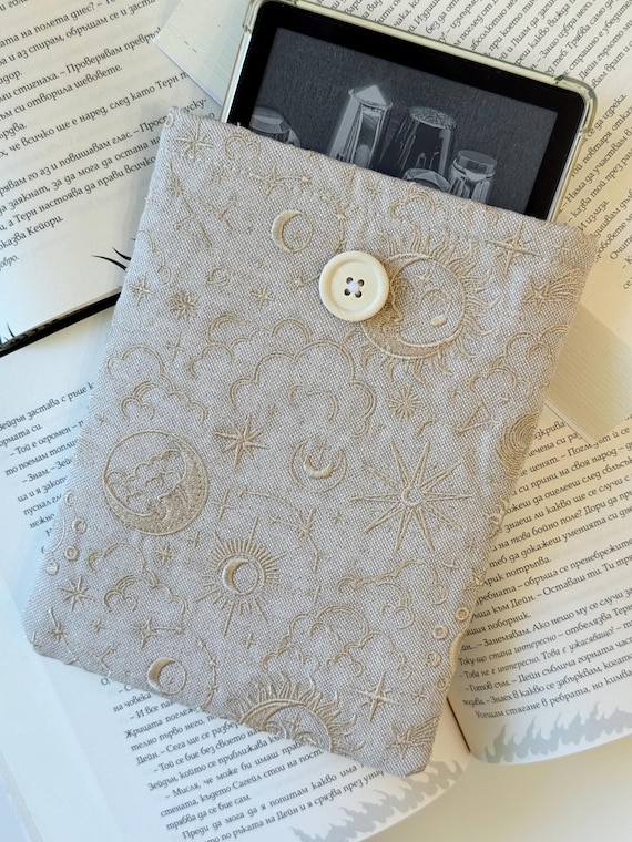 Celestial Embroidery Padded Kindle Sleeve, E-Reader Case, Kindle Embroidery Cover, Stars & Celestial Embroidery Kindle Sleeve, Kindle Pouch