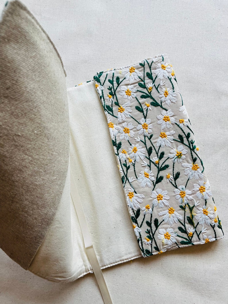 Embroidered Book Cover, Daisies Book Pouch, Custom Size Book Jacket, Adjustable Book Protector, Padded Book Cover, Book Lover Gift image 4