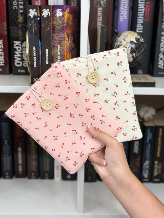 Pink & Beige Cherry Kindle Sleeve, Cherries Kindle Cover, Padded Kindle Pouch, Book Accessories, Book Club Accessories, Gift for Readers