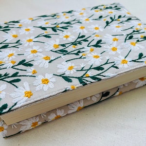 Embroidered Book Cover, Daisies Book Pouch, Custom Size Book Jacket, Adjustable Book Protector, Padded Book Cover, Book Lover Gift image 8