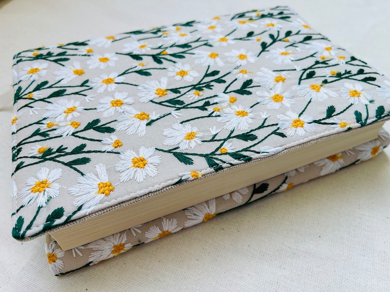 Embroidered Book Cover, Daisies Book Pouch, Custom Size Book Jacket, Adjustable Book Protector, Padded Book Cover, Book Lover Gift image 8