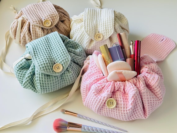 Pink, Beige, Cream & Mint Green Round Drawstring Make Up Bag, Large Cosmetic Bag, Waffle Fabric Make Up and Travel Bag, Clear Make Up Bag
