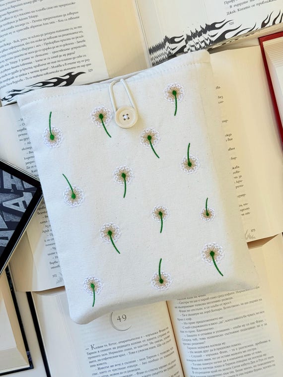 Embroidery Dandelions Book Sleeve, Padded Dandelion Book Protector, Unique Embroidery Floral Book Cover, Embroidery Flower Book Accessories