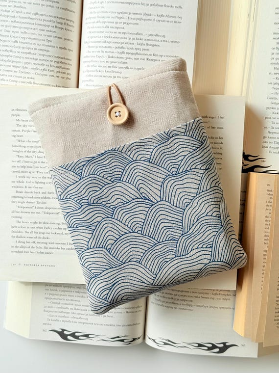 Waves Book Sleeve with Extra Front Pocket, Art Waves Book Pouch with Button Closure, Padded Book Cover, Travel Book Pouch, Book Accessories