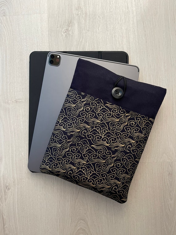 Japan Waves IPad Sleeve, Gold Navy IPad Cover, Fabric IPad Pouch, Blue And Gold Tablet Case, Tablet Cover, IPad Jacket, IPad Bag, IPad Case