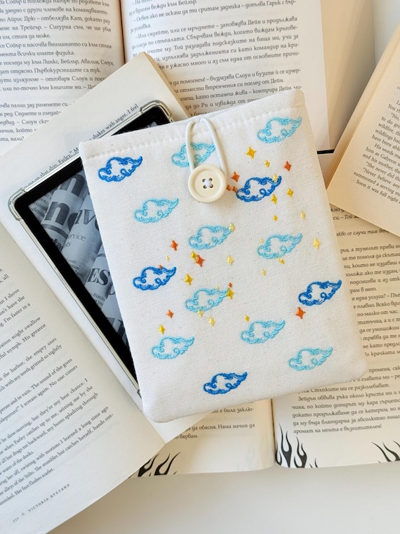 Clouds & Stars Embroidery Padded Kindle Sleeve | E-Reader Case | Protective Cover | Padded Embroidery E-Reader Pouch | Designer Embroidery