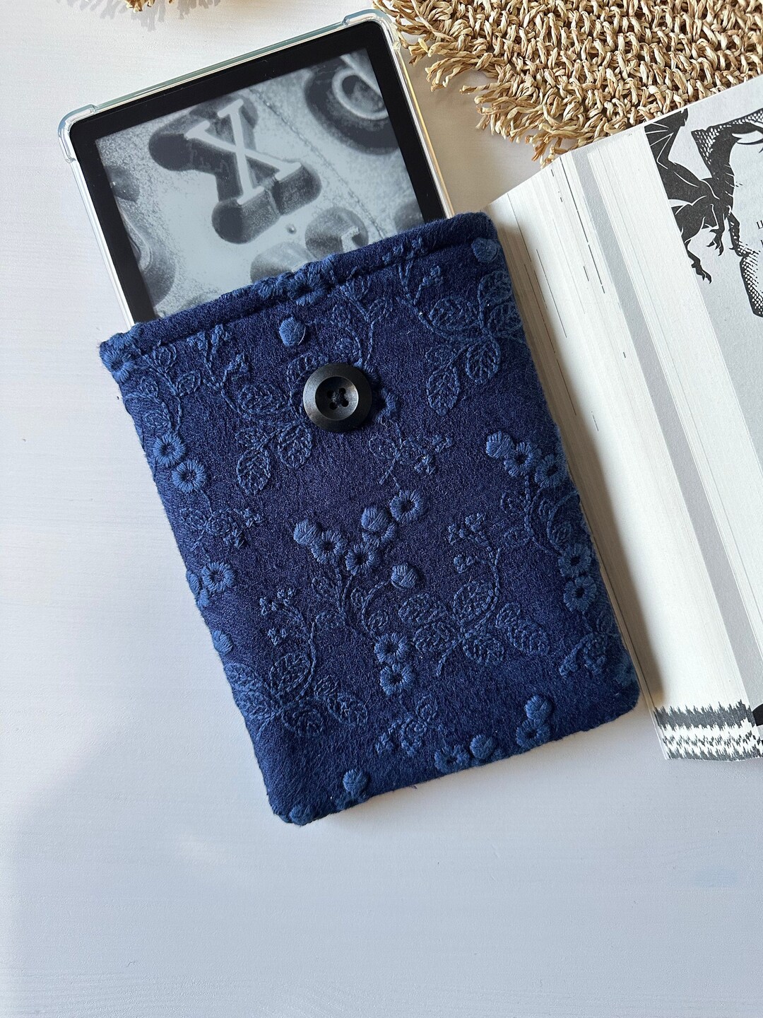 Blue Embroidery Flower Kindle Sleeve, Floral Padded Kindle Cover, Book