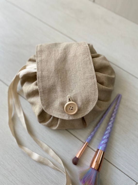 Linen Round Drawstring Bag, Make up bag, Make up organizer, Cosmetic bag, Cosmetic organizer, Toiletry bag, Travel make up bag
