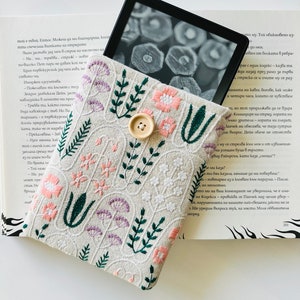 Embroidery Flower Kindle Sleeve, Kindle Cover, Padded Kindle Pouch, Book Accessories, Kindle Paperwhite Case, Book Lover Gift, Ereader Cover image 6