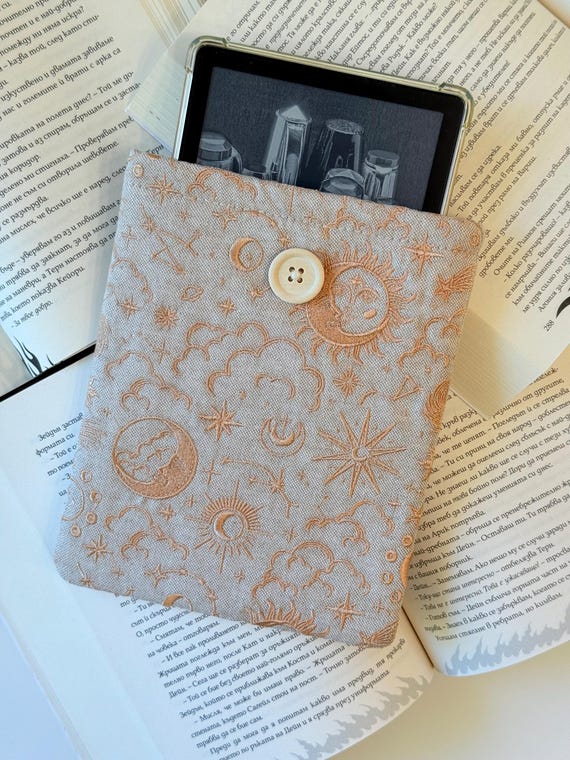 Celestial Embroidery Padded Kindle Sleeve, E-Reader Case, Kindle Embroidery Cover, Stars & Celestial Embroidery Kindle Sleeve, Kindle Pouch