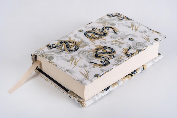 Adjustable Book Cover with Elastic Closure, Japan Dragon Book Jacket, Gold Beige Dragon Padded Book Protector, Book Accessories, Bookish