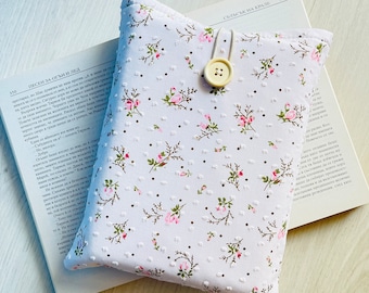 Baby Pink Flowers Book Sleeve, Padded Book Protector, Fabric Book Pouch, Floral Book Bag, Bookworm Gift, Pink Book Jacket, Book Lover Gift