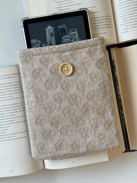 Handmade Kindle Sleeve – Embroidered Flowers Pattern, Padded Fabric Cover for E-Readers & Tablets