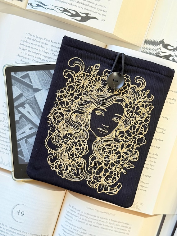 Flowers Girl Embroidery Kindle Sleeve, Embroidered E-Reader Case, Padded Kindle Protector, Travel Kindle Pouch, Pocket & Purse Kindle Case