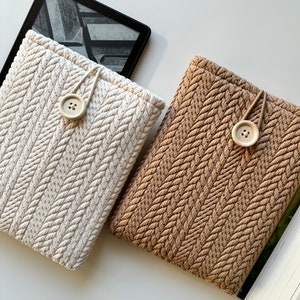 Beige & bruin breipatroon Kindle-hoes, gewatteerde Kindle-beschermer, beide zijden patroon Kindle Paperwhite Cover, Kindle stoffen etui afbeelding 5