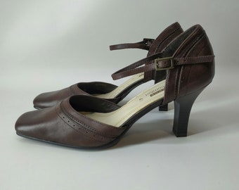 Vintage Clarks Leather Shoes, Brown Ankle Strap Heels, Size 5.5