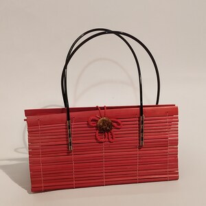 Vintage purse 70s Natural Vintage woman&#39;s purse Straw Red Pink Bamboo Wood Handbag Rectangular Small Rattan Boho Hippie Bag Straws Handbag