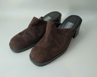 Vintage Suede Mules, Brown Leather Block Heel Shoes, Size 5